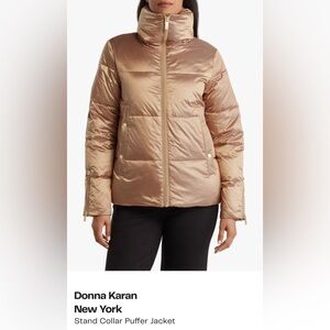 Donna Karan Metallic Beige Stand-Collar Puffer Jacket Small